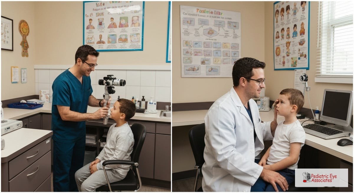 A pediatric ophthalmologist examining a child's eyes in a warm, inviting office setting, showcasing child-friendly decor and colorful educational